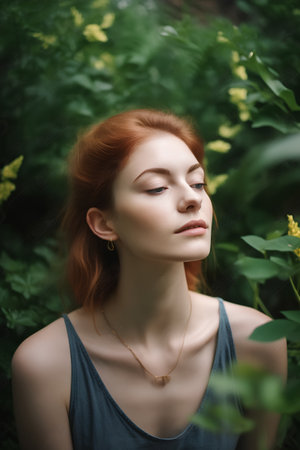 Beautiful redhead girl with freckles on her face and eyes closedの素材