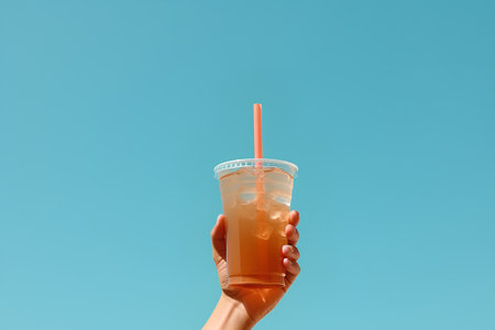 Female hand holding a plastic cup of orange juice on a blue backgroundの素材