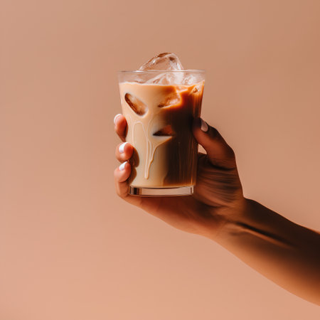 cropped view of african american woman holding ice coffee isolated on beigeの素材