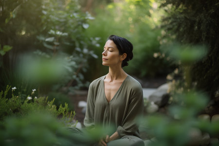 Relaxed woman meditating in the garden with her eyes closedの素材