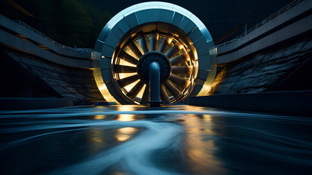 3D rendering of a futuristic structure in the middle of a riverの素材