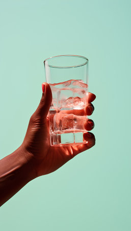 Female hand in red glove holding glass of water with ice cubes isolated on blue backgroundの素材