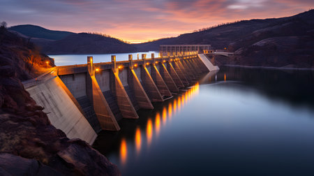 Dam at sunset. 3D render of a dam in the mountains.の素材