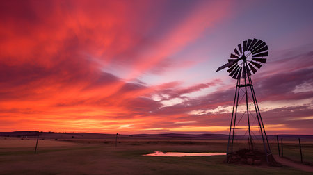 Sunset over a windmill in the prairie of South Dakota.の素材