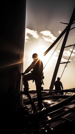 Silhouette of a climber on the top of a buildingの素材