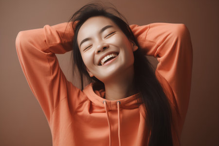 Portrait of a beautiful smiling asian woman in orange hoodieの素材