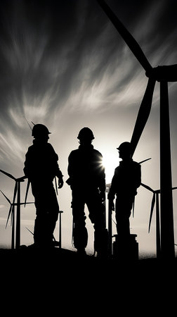 Silhouette of the workers at work on a wind farm.の素材