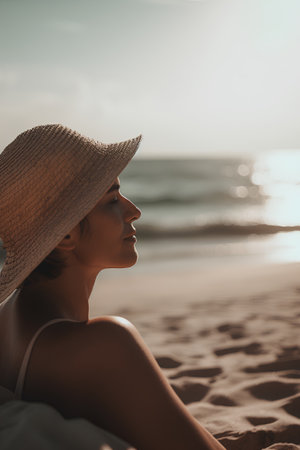 Side view of young woman in straw hat relaxing on beach at sunsetの素材