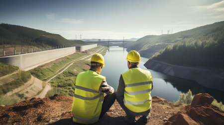 Two engineers standing on the edge of a dam and looking at the riverの素材