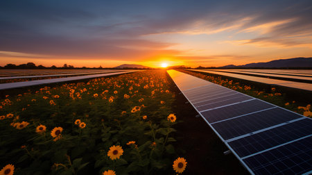 Solar panels and sunflowers field at sunset,3d renderの素材