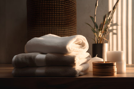 Spa still life with towels, candles and plant on wooden tableの素材