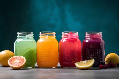 Variety of fresh fruit juices in bottles on wooden background. Selective focus.の素材