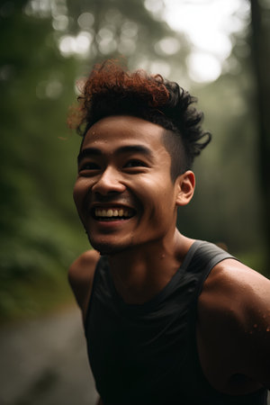 Portrait of a young Asian man smiling while running in the forestの素材