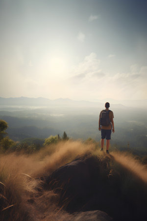 Man standing on top of mountain and looking at the beautiful landscape.の素材