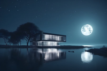 3d rendering of modern house on the lake at night with full moonの素材
