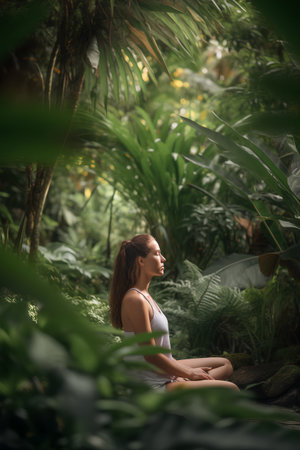 Young woman practicing yoga in the jungle. Meditation and relaxation concept.の素材