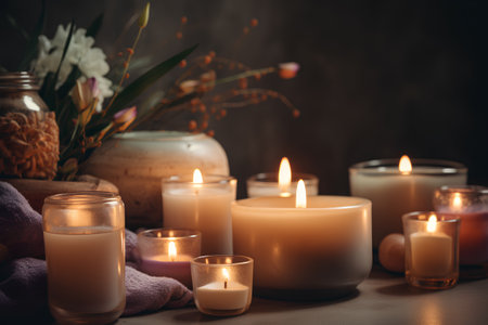 Spa still life with burning candles and flowers on dark background.の素材