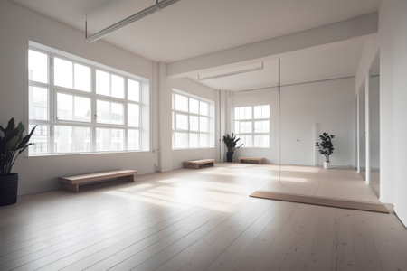 Interior of modern bright room with white walls, wooden floor, white ceiling and window with sunlight. 3d renderingの素材