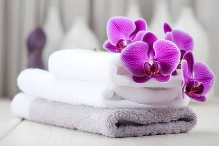 Spa still life with towels and orchids on wooden backgroundの素材