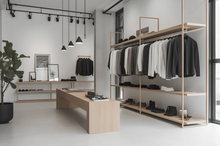 Interior of modern dressing room with white walls, concrete floor, wooden wardrobe with clothes on hangers and mirror. 3d renderingの素材