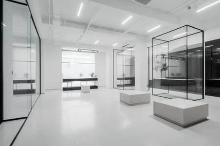 Interior of a modern office building with glass walls and white floorの素材