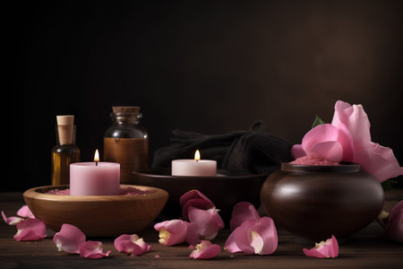 Spa still life with rose petals and candles on wooden backgroundの素材
