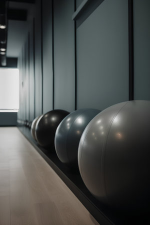A row of fitness balls in a modern gym. 3d renderingの素材