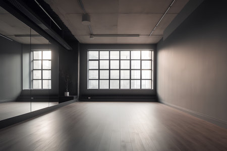 Interior of empty room with black walls, wooden floor and large window. 3d renderingの素材