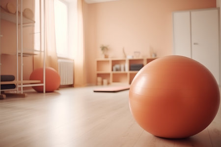 Orange fitness ball on the floor in a room with a yoga matの素材