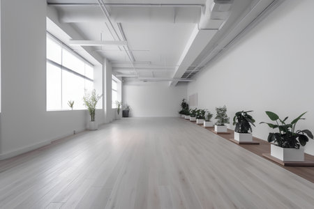Interior of modern office with white walls, wooden floor and rows of plants. 3d renderの素材