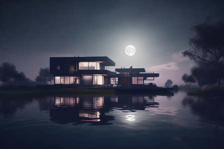 3d rendering of modern cozy chalet with pool and parking for sale or rent. Beautiful night with full moon.の素材