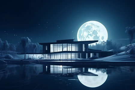 3d render of modern house on the lake with moon at nightの素材