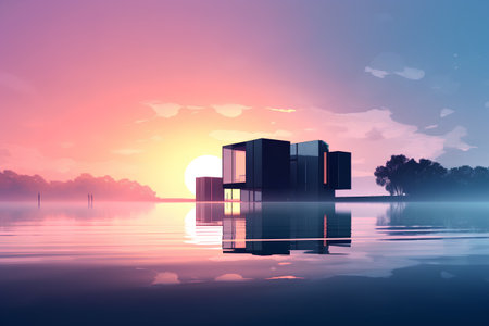 Sunset over the lake with reflection in water, 3d renderの素材