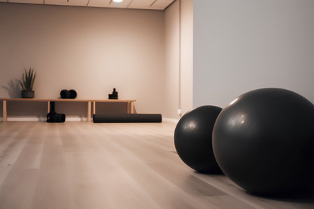 Modern yoga studio interior with black and white balls. 3D Renderingの素材