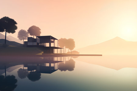 House on the lake in the mountains at sunset. Vector illustration.の素材