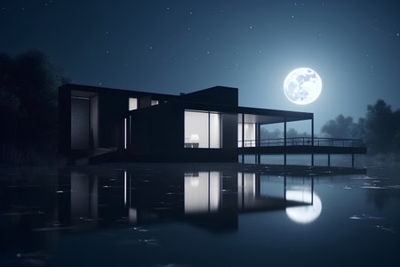 3d rendering of modern house on the hill at night with moonの素材