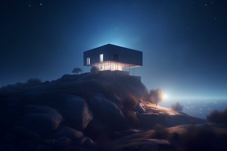 3d rendering of a modern house on a mountain at night.の素材