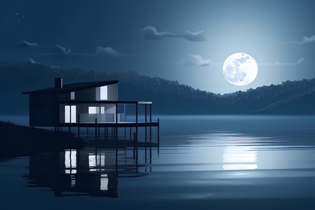 Illustration of a house on the lake at night with full moonの素材