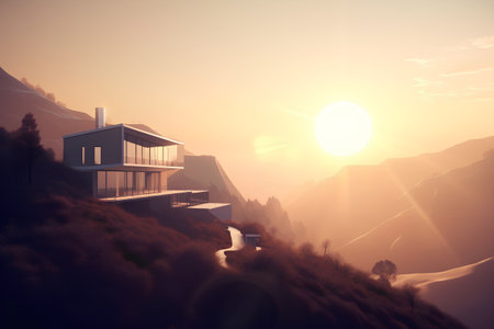 3D render of a modern house in the mountains at sunset.の素材