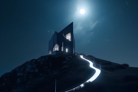3d render of modern building on the hill at night with moonlightの素材