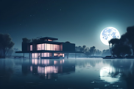 3d rendering of a modern house by the lake at night with full moonの素材