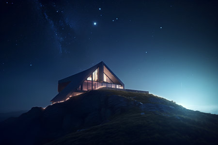 3d rendering of modern house on the top of mountain at nightの素材