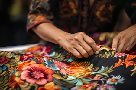 Close up of hand of indian woman working on silk fabric.の素材