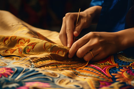 Close up of female hands working on traditional indian handmade fabric.の素材