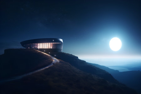 Astronomical observatory on the hillside at night. 3d renderの素材