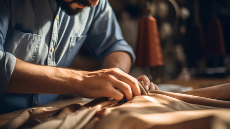 Close-up of male hands working with fabric on sewing machine.の素材