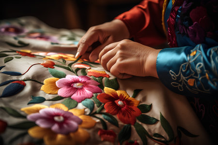 Close-up of woman hands embroidering colorful flowers on fabricの素材