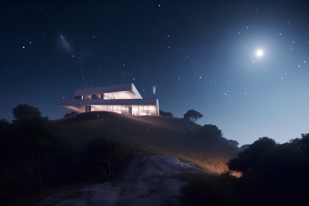 Night sky with stars and milky way above the mountain house.の素材