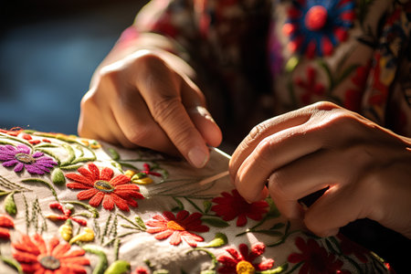 Close-up of female hands weaving a traditional embroidery on a fabricの素材