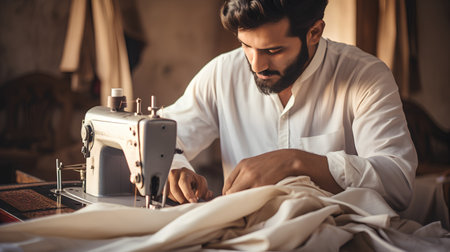 Handsome young man using sewing machine while working in his workshopの素材